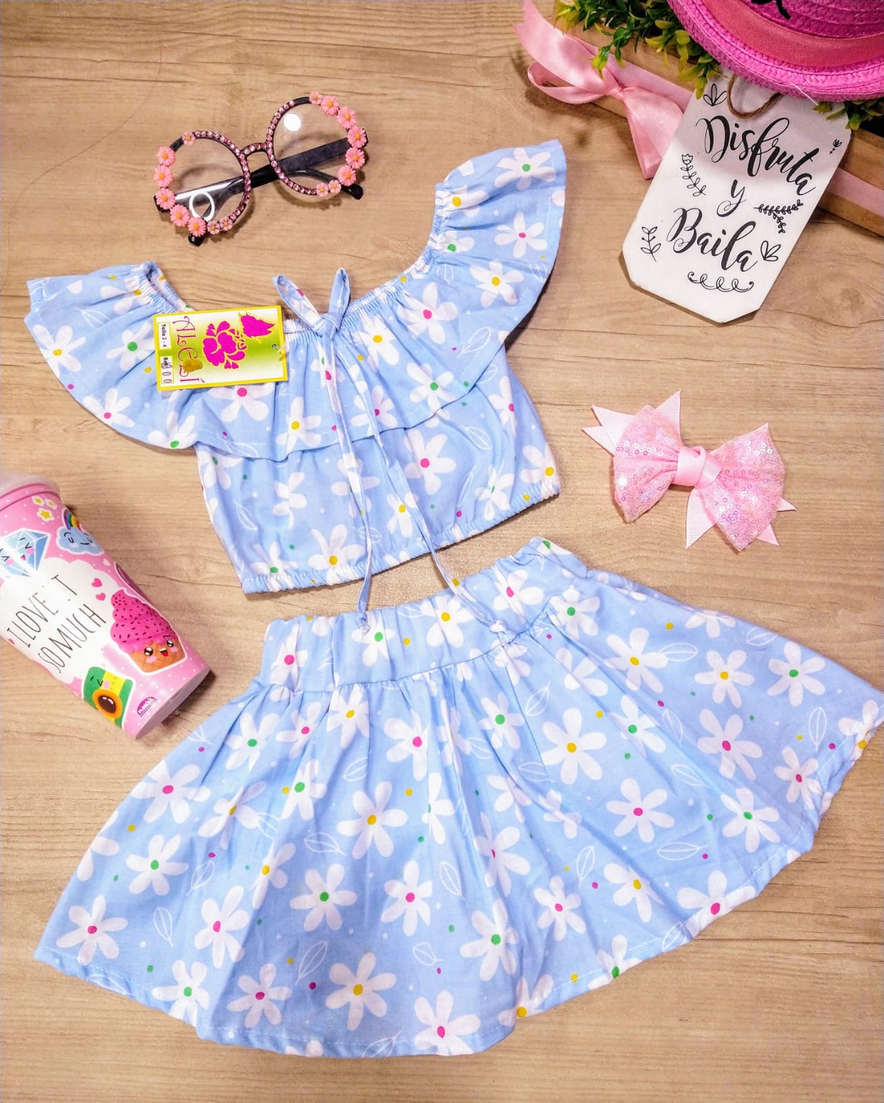 Conjunto Playa Azul Flores - Ropa para Niñas Titilí Moda